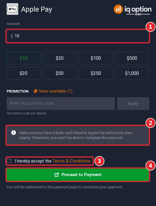 The Apple Pay deposit form with the bank-card reminder, terms box and Proceed to Payment button