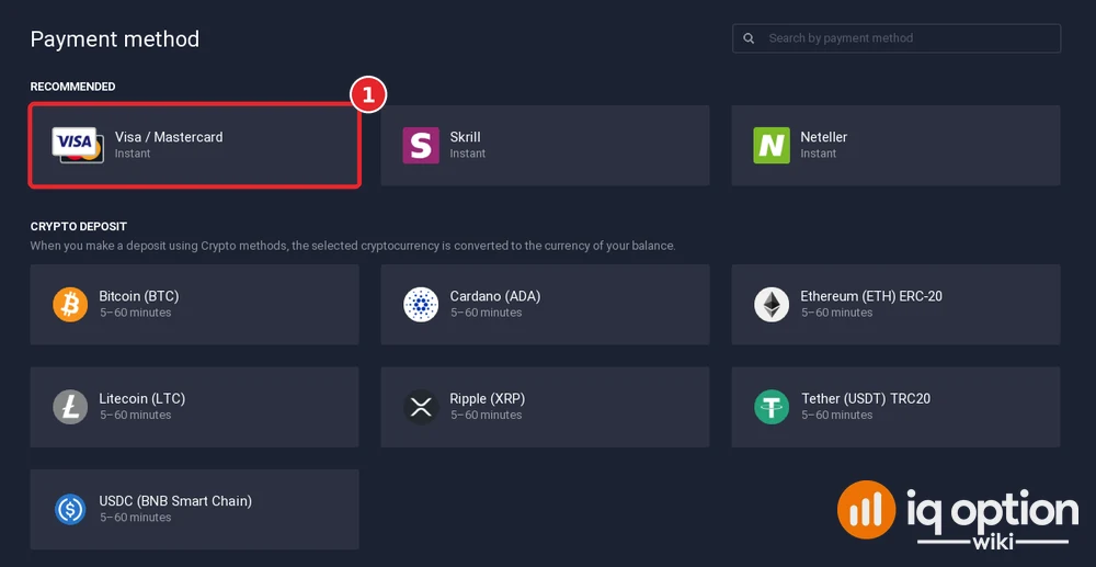Step 3: the IQ Option cashier for Guatemala, with Visa / Mastercard selected next to Skrill and Neteller