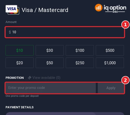Step 5: a 10 dollar card deposit; the promotion box is an empty promo-code field