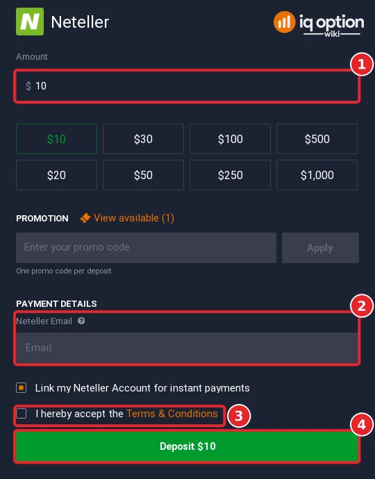 The Neteller deposit form with the amount, Neteller email field, terms box and Deposit button