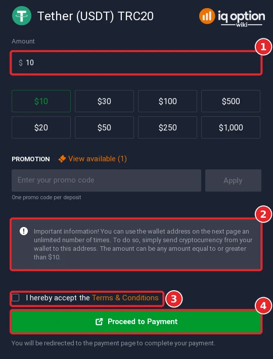 The Tether (USDT) TRC20 deposit form with the wallet-address note and Proceed to Payment button