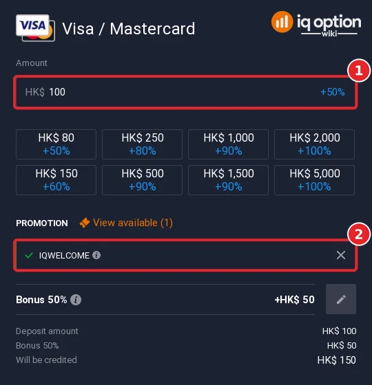 Step 5: a 100 Hong Kong dollar card deposit with the IQWELCOME bonus applied