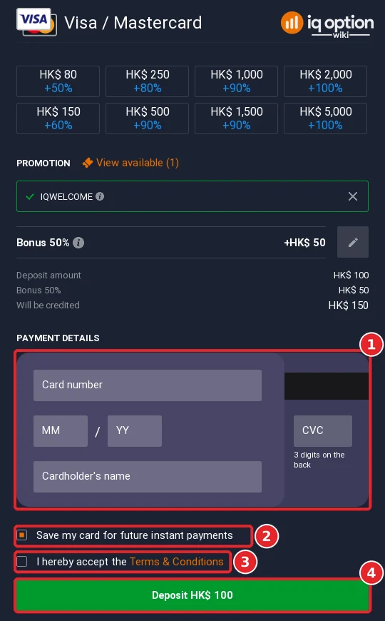 Step 6: the card details form with the save-card box, the terms box and the Deposit 100 Hong Kong dollar button