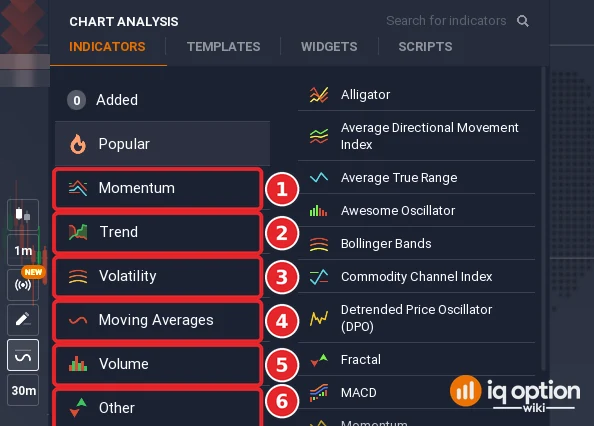 Chart analysis panel with the lists Momentum (1), Trend (2), Volatility (3), Moving Averages (4), Volume (5) and Other (6)