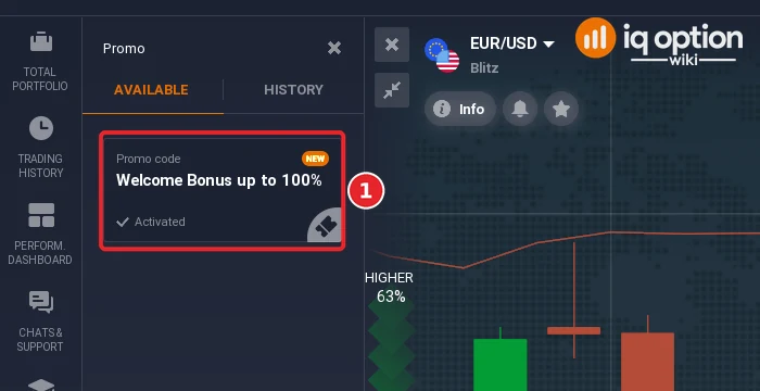 IQ Option Promo panel with the Available and History tabs and one promo code entry marked Activated