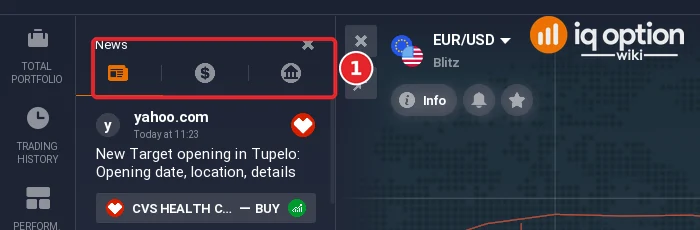 IQ Option Market analysis panel titled News with three tabs above the list of news items