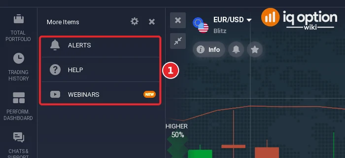 IQ Option More Items panel listing Alerts, Help and Webinars