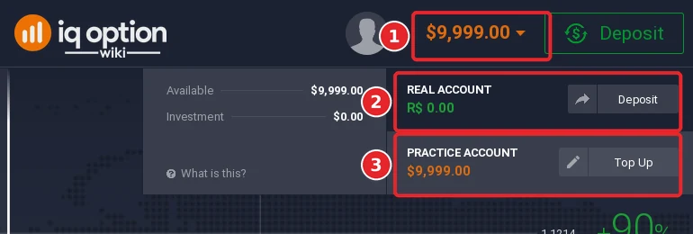 IQ Option balance menu open from the top bar, showing the Real account with a Deposit button and the Practice account with a Top Up button