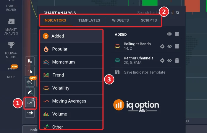 IQ Option Chart Analysis panel with the Indicators, Templates, Widgets and Scripts tabs and the indicator categories