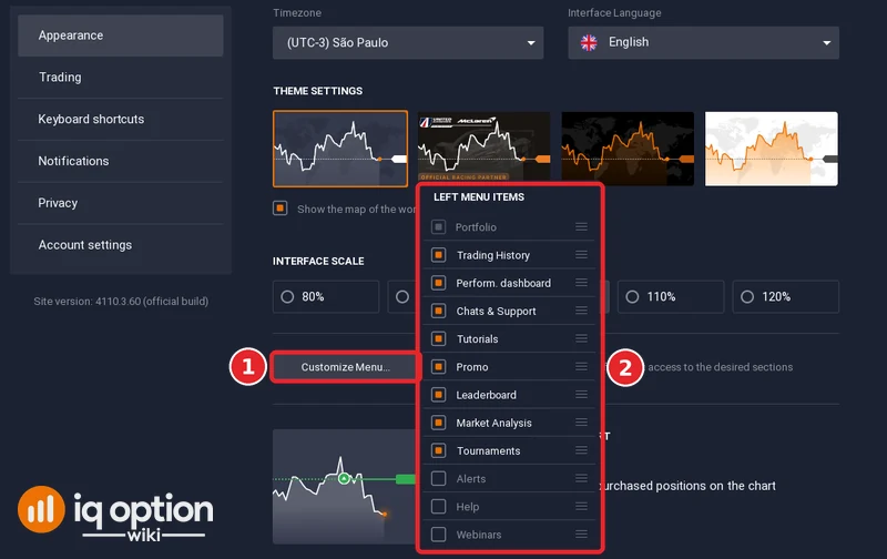 IQ Option Settings, Appearance tab, with the Customize Menu list of left menu items opened