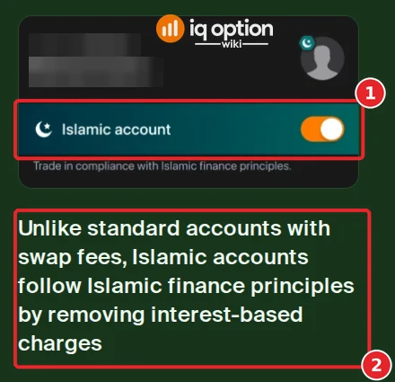IQ Option illustration of a profile card with an Islamic account toggle switched on, and the text that Islamic accounts remove interest-based charges