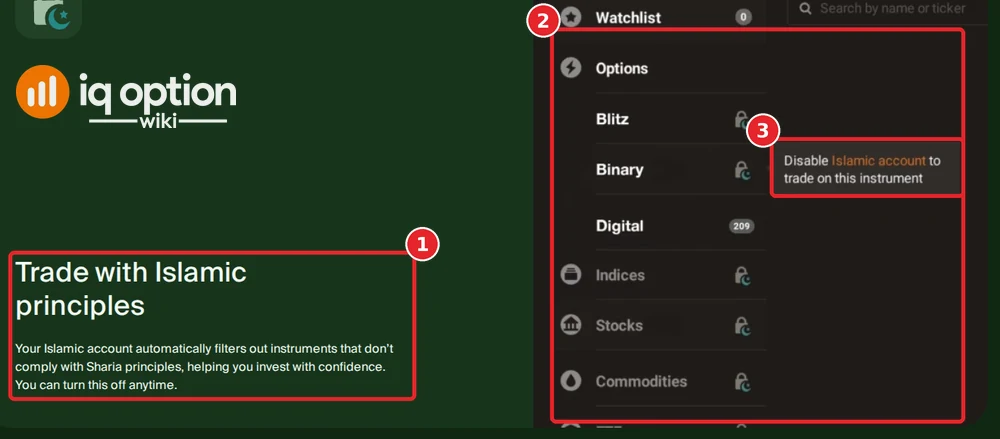 IQ Option Islamic account page showing the asset menu with lock icons on Blitz, Binary, Indices, Stocks and Commodities and the tooltip Disable Islamic account to trade on this instrument