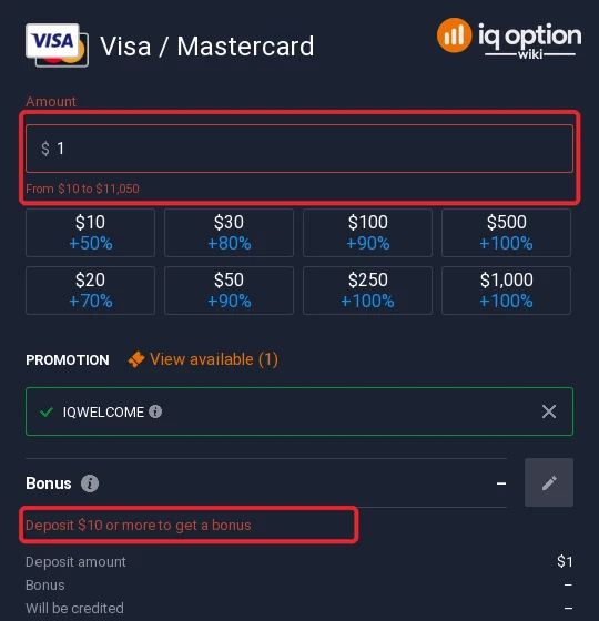 Typing $1 shows the card range from $10 to $11,050 and the $10 bonus threshold