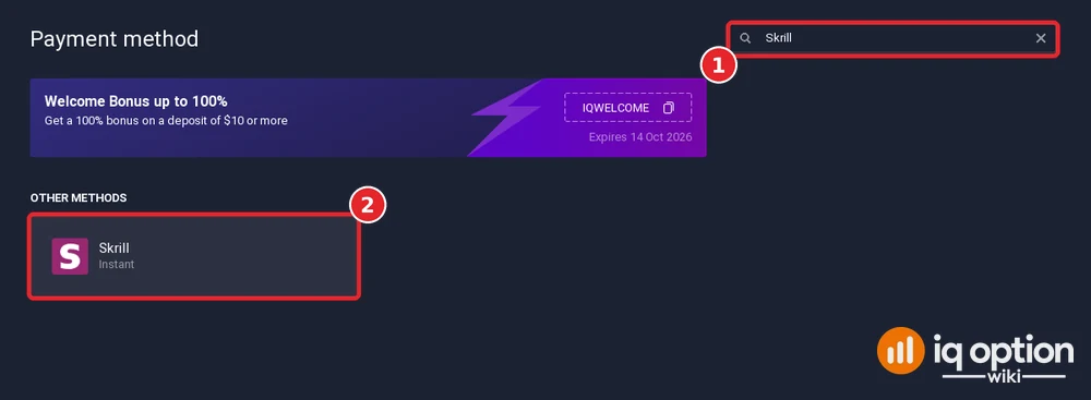 The IQ Option cashier search for Skrill lists one payment method, Skrill