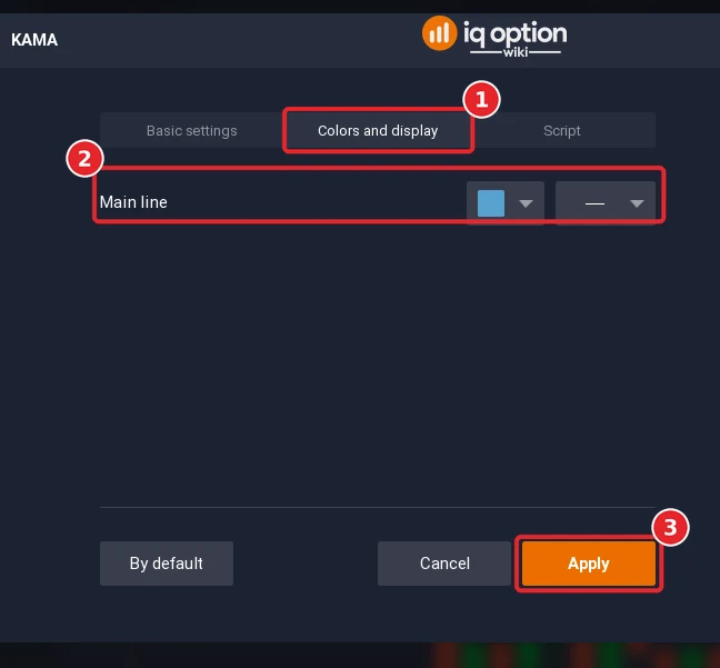 KAMA dialog on the Colors and display tab (1) with the colour rows (2) and the Apply button (3)