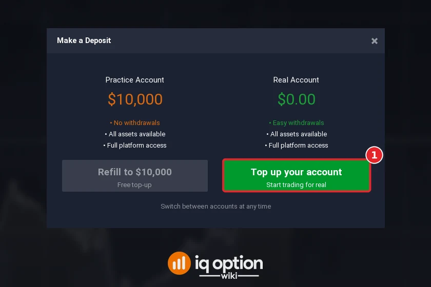 Step 2: Top up your account in the Make a Deposit window; the real account starts at zero