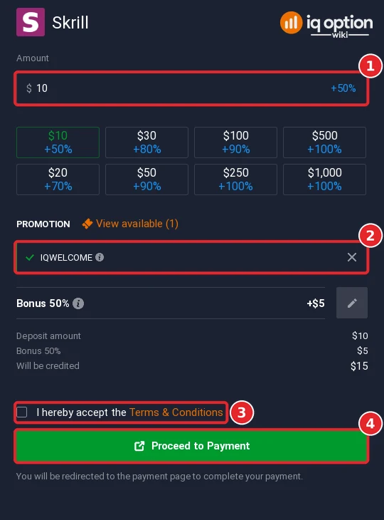 Skrill deposit on IQ Option in Kenya: amount, bonus code, terms and Proceed to Payment