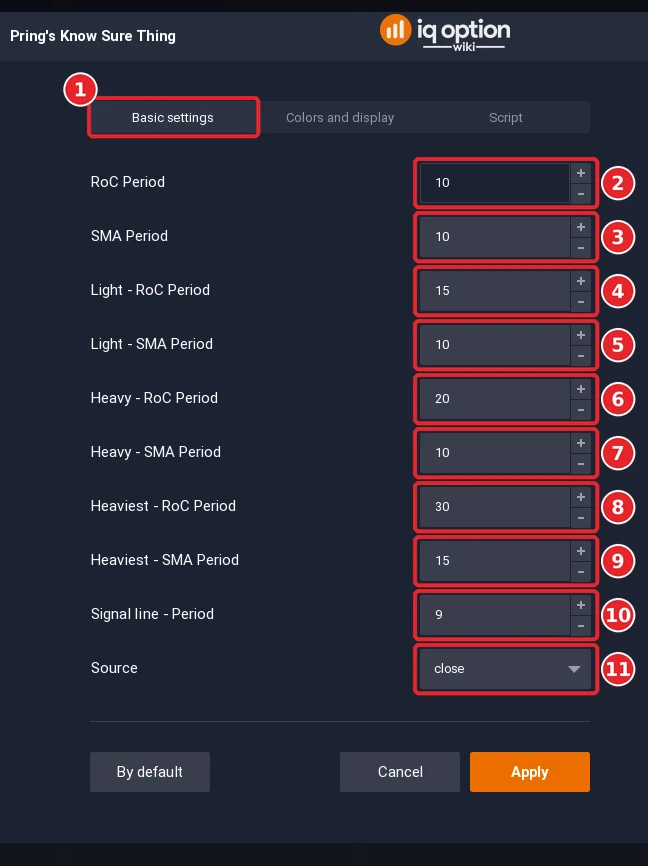 Know Sure Thing dialog on the Basic settings tab (1) with 10 settings (2 to 11)
