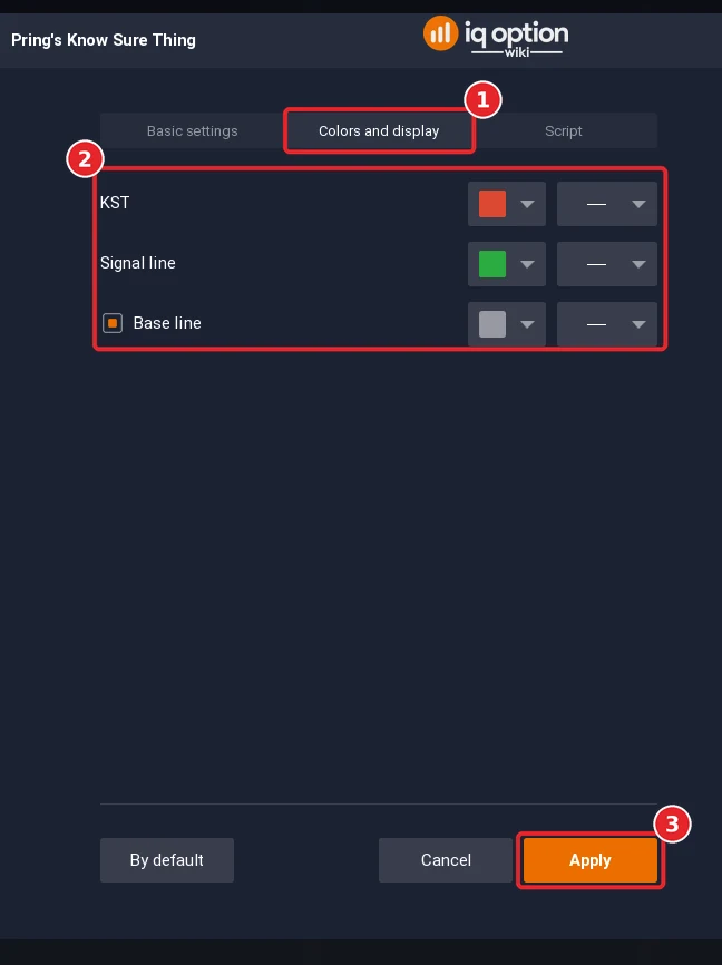 Know Sure Thing dialog on the Colors and display tab (1) with the colour rows (2) and the Apply button (3)
