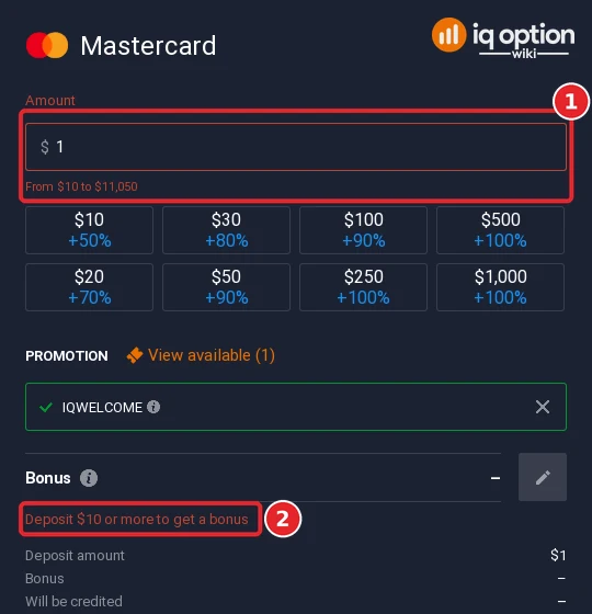 Typing 1 dollar shows the Mastercard range from 10 to 11,050 dollars and the bonus threshold