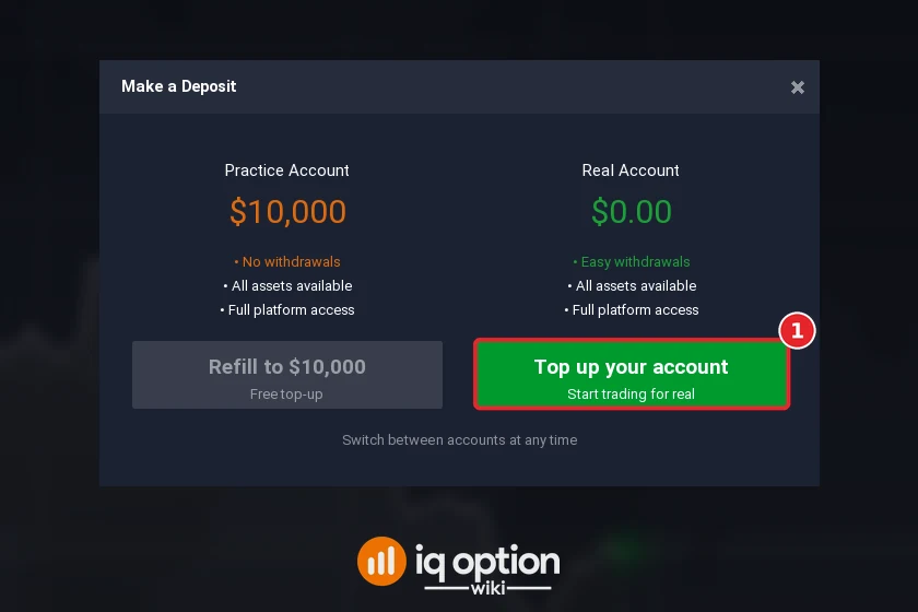 Step 2: Top up your account in the Make a Deposit window; the real account starts at zero