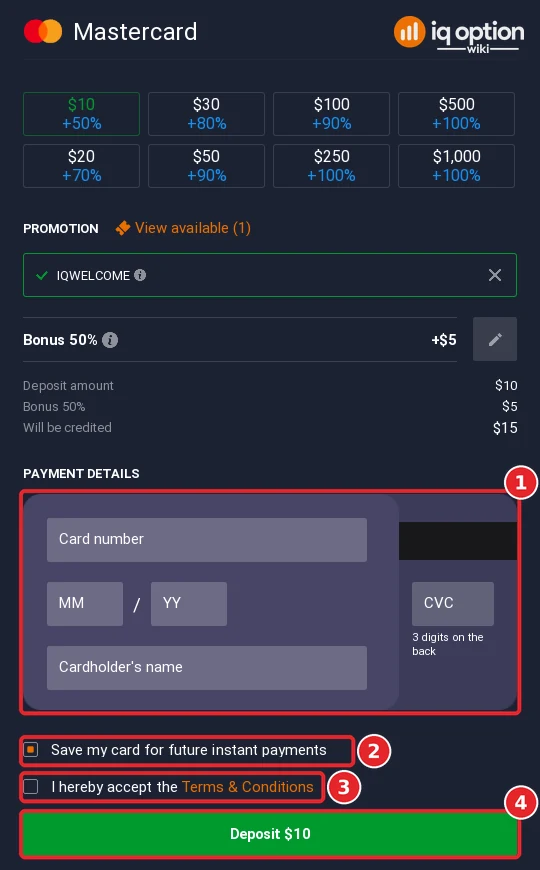 Step 6: the card details form with the save-card box, the terms box and the Deposit 10 dollar button