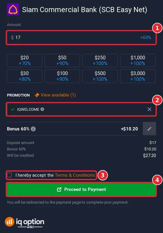 The Siam Commercial Bank (SCB Easy Net) deposit form with the amount, bonus code, terms box and Proceed to Payment button