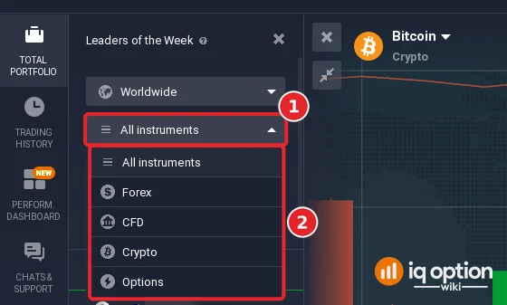 IQ Option leaderboard instrument filter with All instruments, Forex, CFD, Crypto and Options