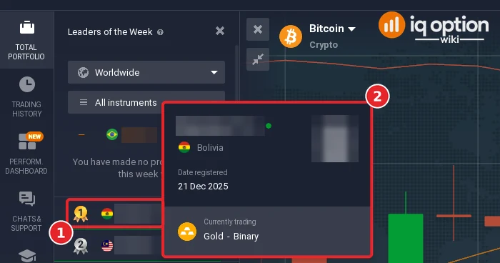 IQ Option leaderboard trader popup with country, date registered and the asset currently traded; name and picture blurred