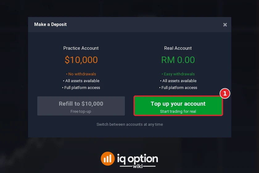 Step 2: Top up your account in the Make a Deposit window; the real account is in ringgit