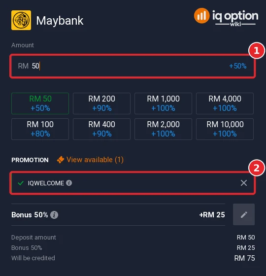 Step 5: a Maybank deposit of RM 50 with the IQWELCOME bonus code