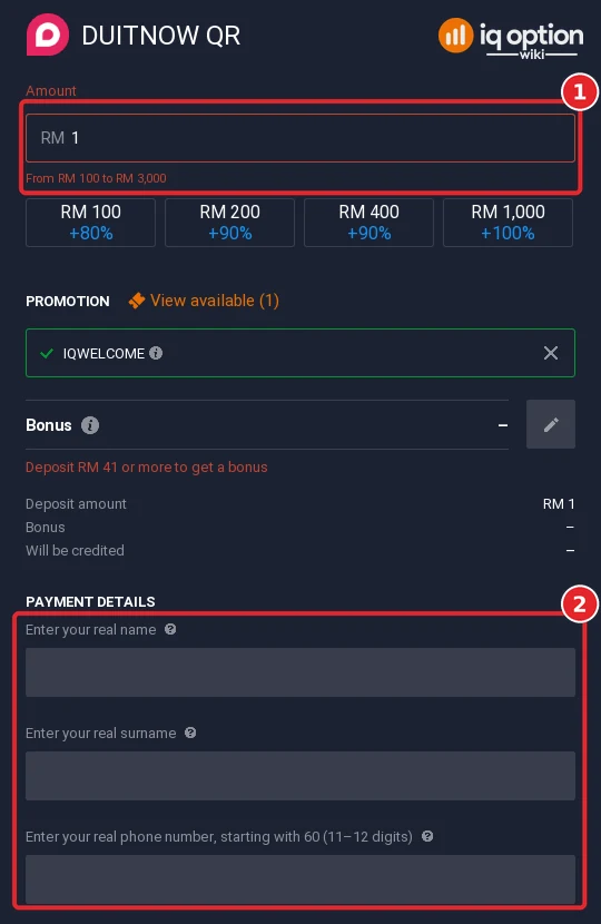 DuitNow QR on IQ Option: RM 100 to RM 3,000, name, surname and phone number