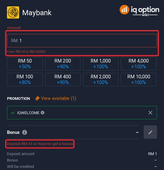 Maybank accepts RM 50 to RM 50,000 on IQ Option; the bonus starts at RM 41