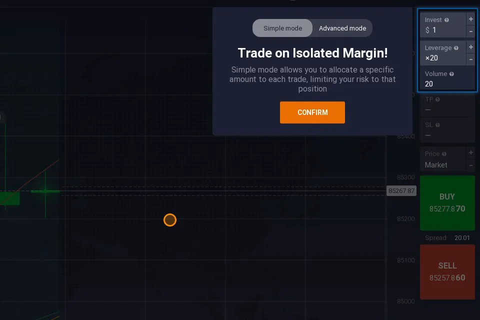 IQ Option margin order panel for Bitcoin with the isolated margin notice