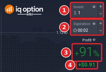 IQ Option Binary order panel for EUR/USD with Invest $1 (1), Expiration (2), Profit +91% (3) and the dollar profit +$0.91 (4)