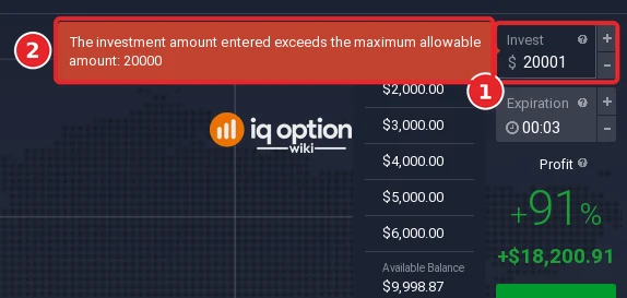 IQ Option Invest field with 20001 typed (1) and the red message "The investment amount entered exceeds the maximum allowable amount: 20000" (2)