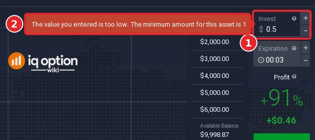 IQ Option Invest field with 0.5 typed (1) and the red message "The value you entered is too low. The minimum amount for this asset is 1" (2)