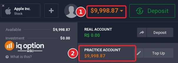 IQ Option balance menu with the top-bar balance (1) and the Practice account line, $9,998.87 (2), below the empty real account R$ 0.00