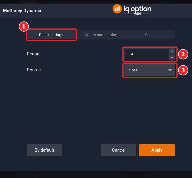 McGinley Dynamic dialog on the Basic settings tab (1) with 2 settings (2 to 3)