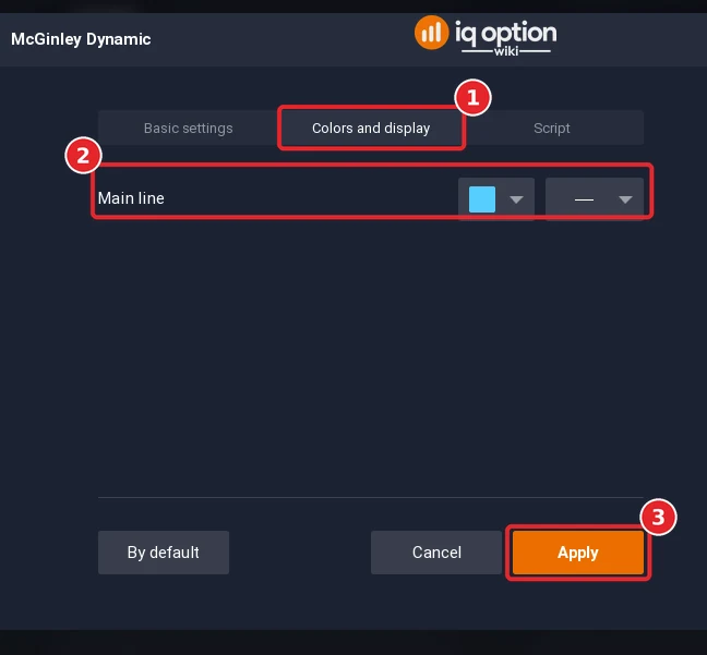 McGinley Dynamic dialog on the Colors and display tab (1) with the colour rows (2) and the Apply button (3)