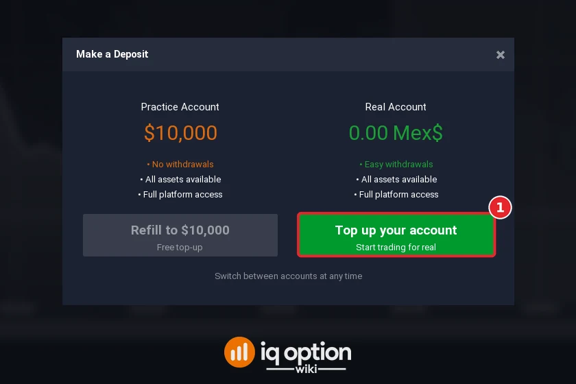 Step 2: Top up your account in the Make a Deposit window; the real account is in pesos (Mex$)