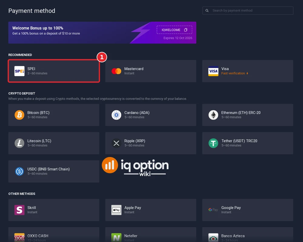 Step 3: the IQ Option cashier for Mexico, with SPEI selected