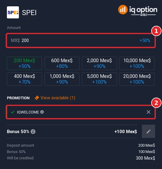 Step 5: 200 Mex$ by SPEI with the IQWELCOME bonus code applied