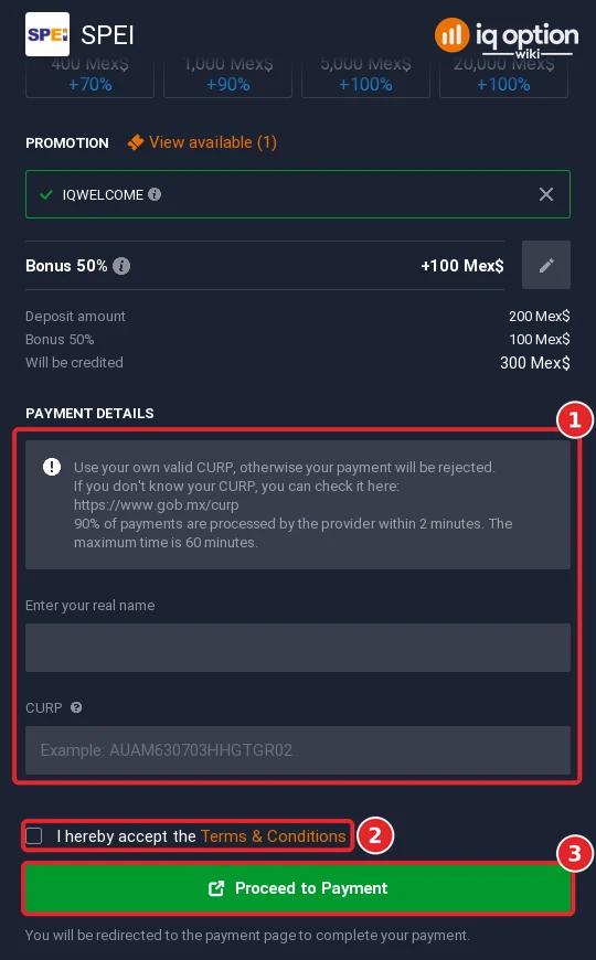 Step 6: SPEI payment details on IQ Option: your real name and your own CURP