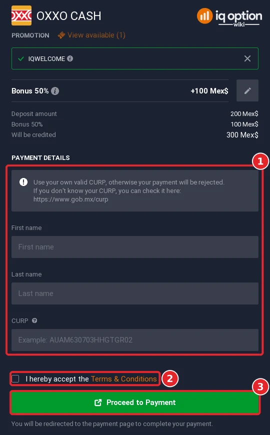 OXXO CASH payment details on IQ Option: first name, last name and CURP