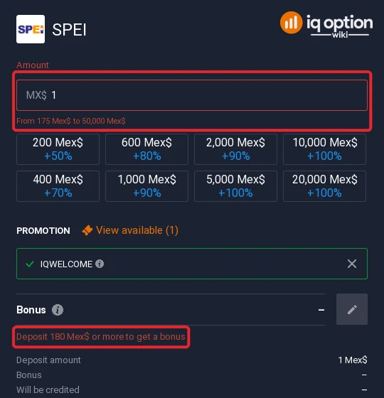 SPEI accepts 175 to 50,000 Mex$ on IQ Option; the bonus starts at 180 Mex$