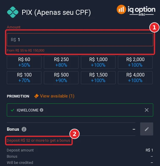IQ Option PIX cashier on a Brazilian account: typing R$ 1 shows the range R$ 55 to R$ 150,000 and that the bonus starts at R$ 52