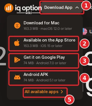 IQ Option website Download App menu listing Download for Mac, Available on the App Store, Get it on Google Play and Android APK with their sizes and minimum system versions, and an All available apps link