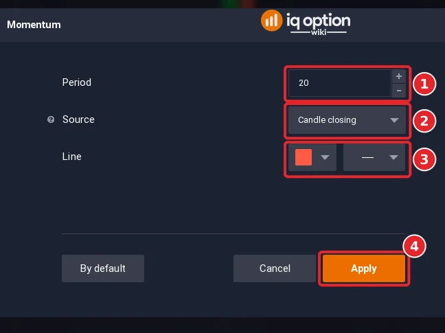 Momentum dialog with its 3 rows (1 to 3) and the Apply button (4)