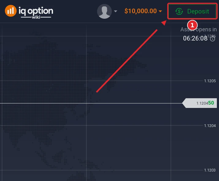Step 1: the Deposit button in the IQ Option traderoom, on an account registered in Monaco